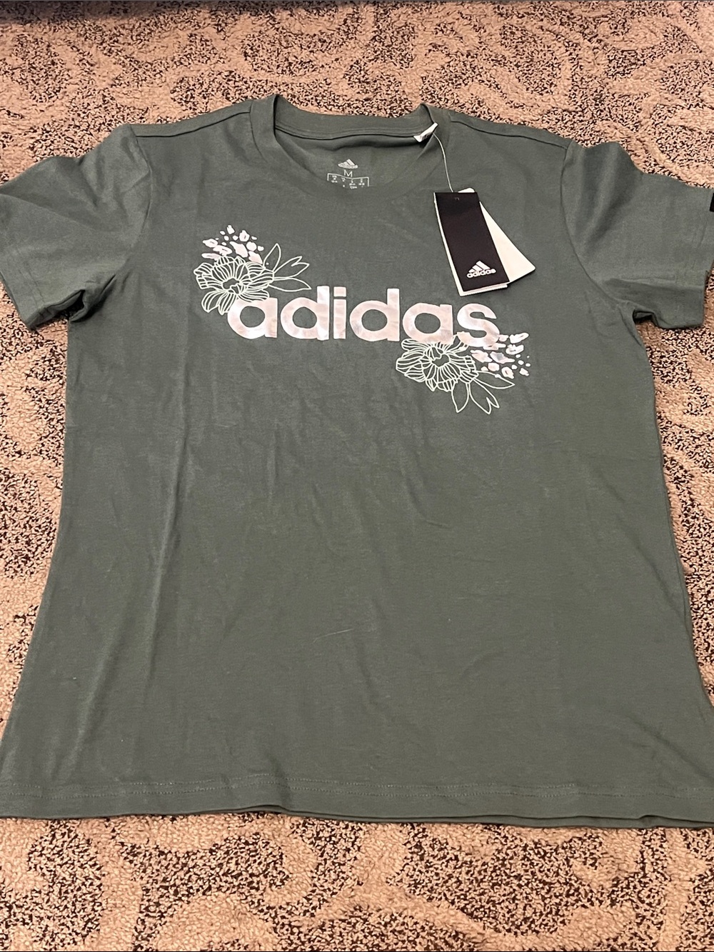 ADIDAS Woman  Olive Green Logo Tee with Floral Accent medium NWT